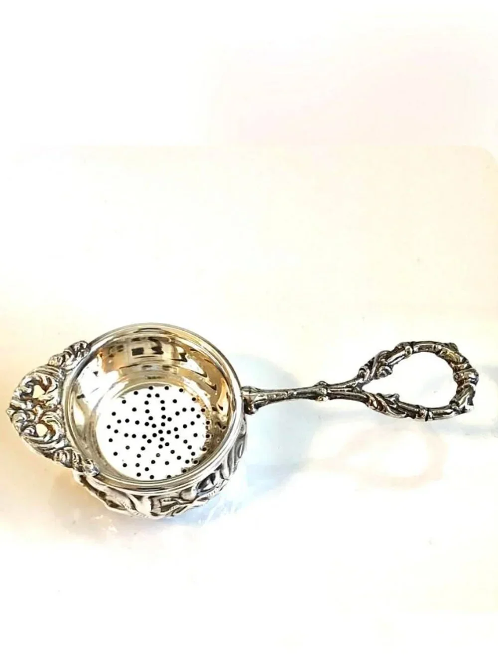 Vintage Ornate Repoussé Silver Plate Tea Infuser Strainer & Drip Rest
